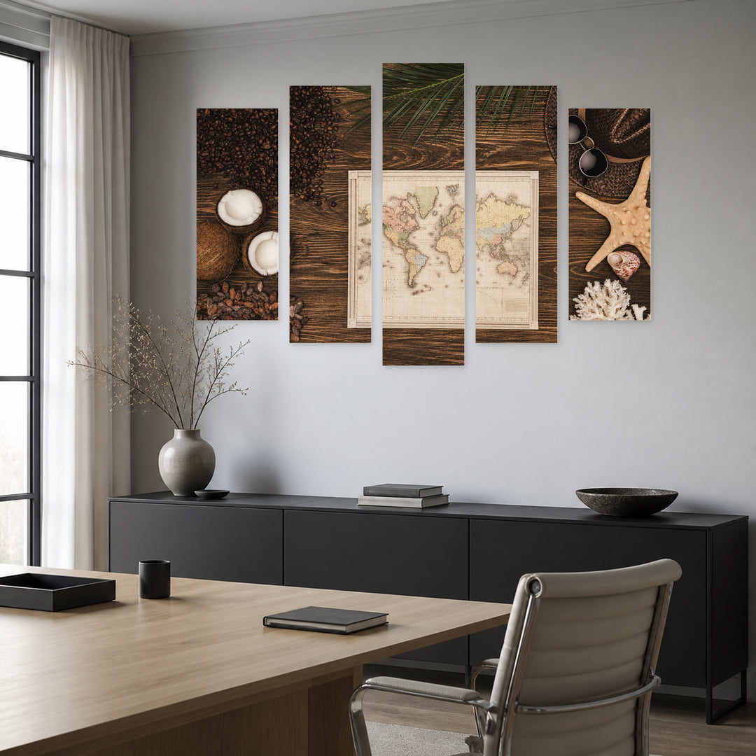 Retro Map on Wooden Surface Vintage Study — five-panel wall art in alternate frontal interior | 5wallart 54607 M4