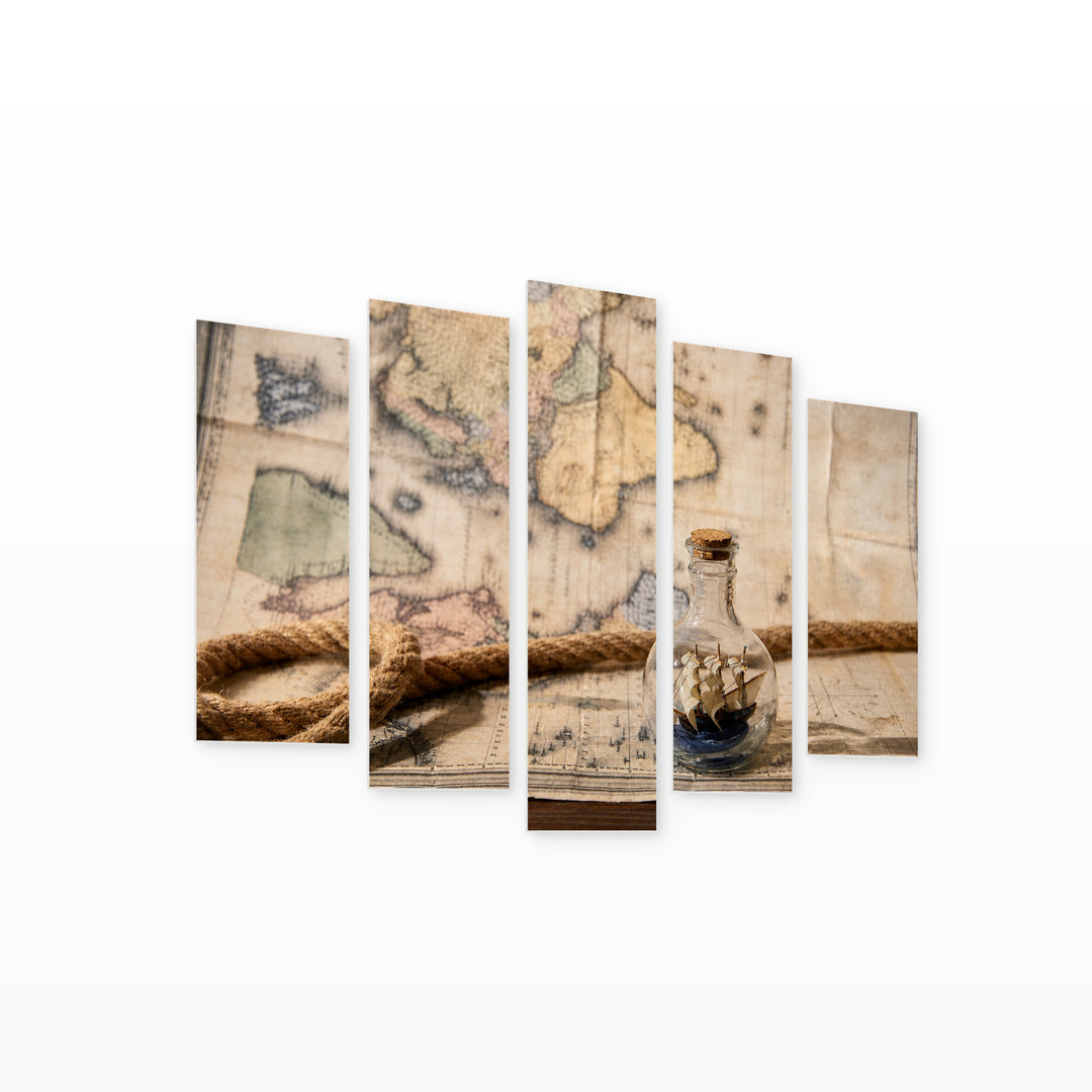 Glass Bottle and Map Vintage Study — five-panel wall art on white background in perspective | 5wallart 54608 M1