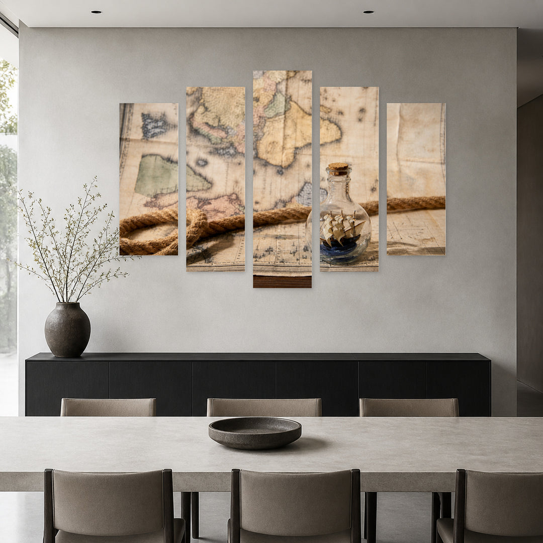 Glass Bottle and Map Vintage Study — five-panel wall art in frontal interior | 5wallart 54608 M3