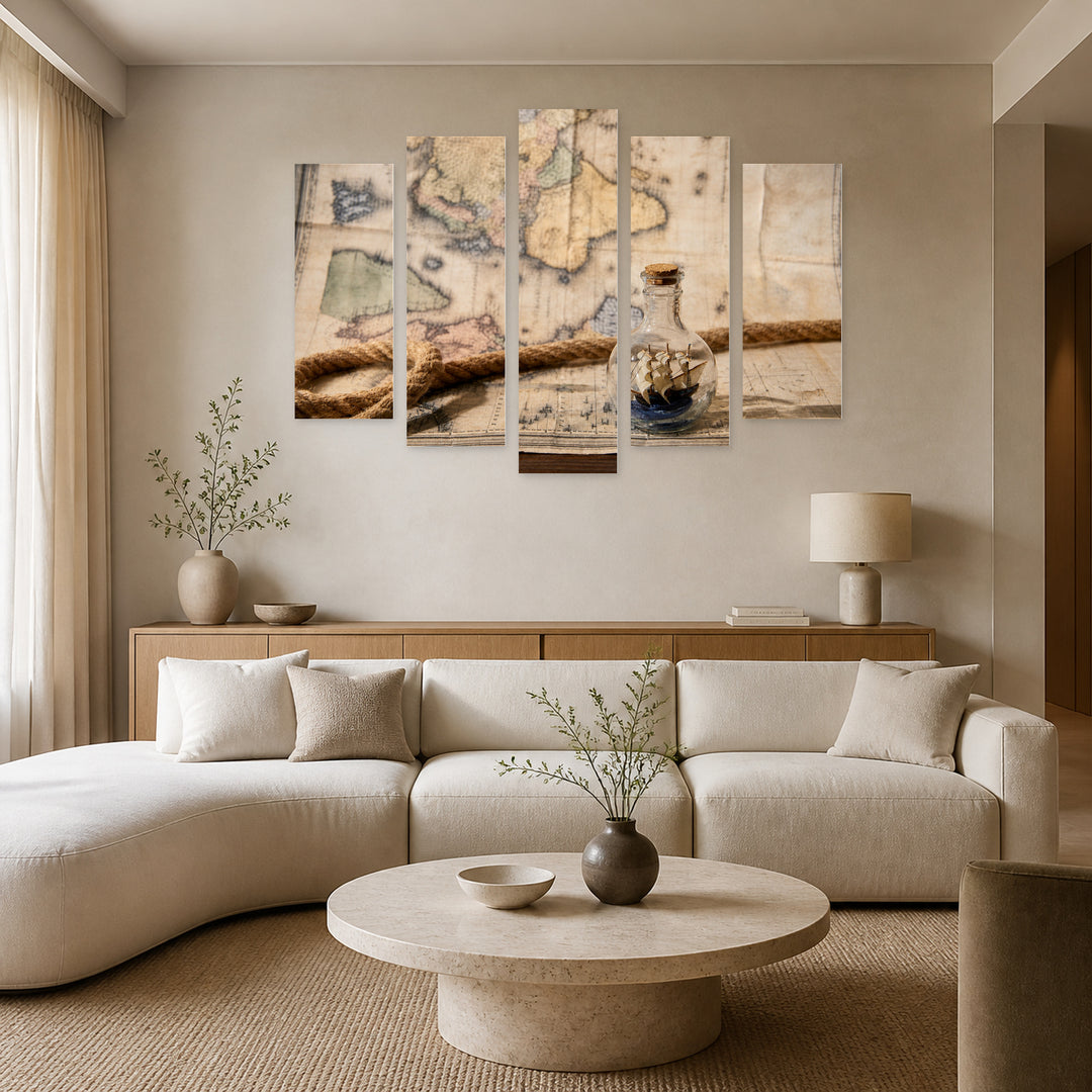 Glass Bottle and Map Vintage Study — five-panel wall art in alternate frontal interior | 5wallart 54608 M4