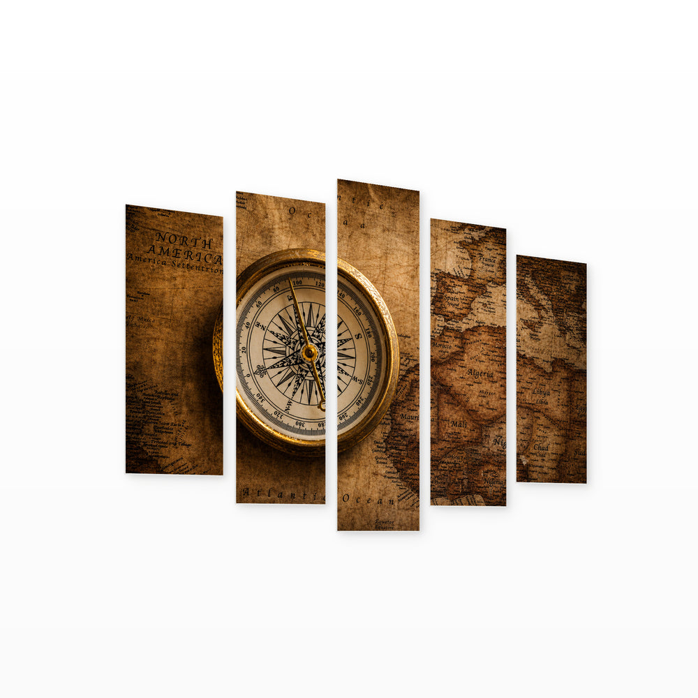 Golden Compass with Dramatic Contrast — five-panel wall art on white background in perspective | 5wallart 54609 M1