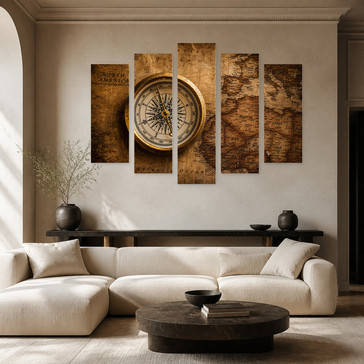 Golden Compass with Dramatic Contrast — five-panel wall art in frontal interior | 5wallart 54609 M3