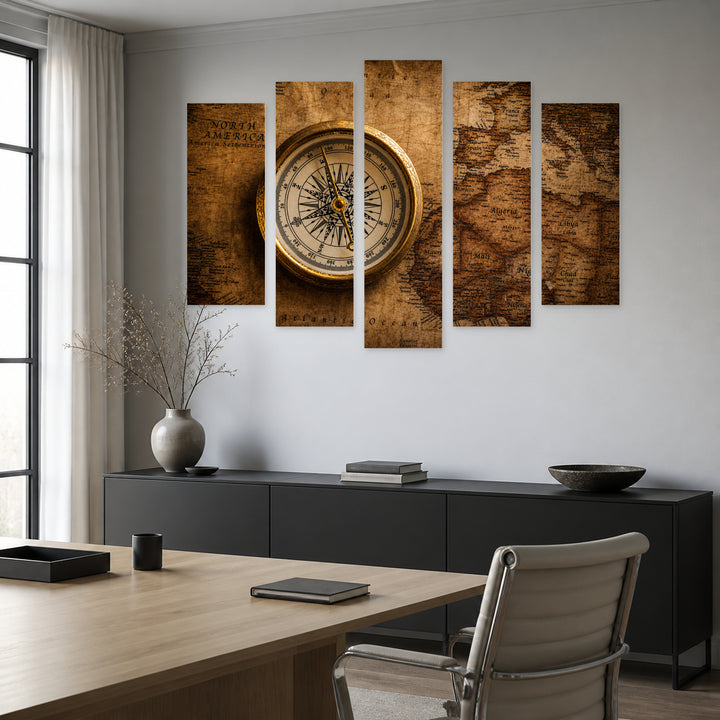 Golden Compass with Dramatic Contrast — five-panel wall art in alternate frontal interior | 5wallart 54609 M4