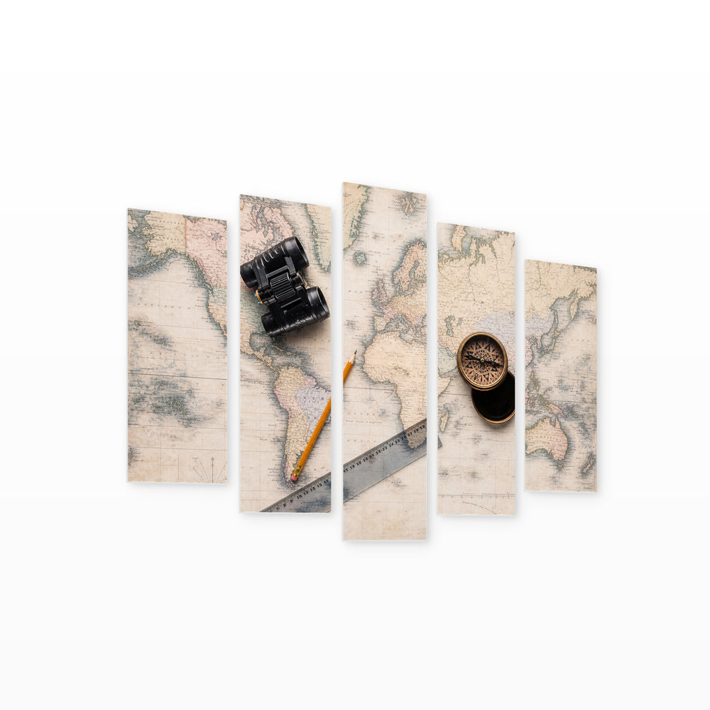 Binoculars with Compass in Serene Light — five-panel wall art on white background in perspective | 5wallart 54611 M1
