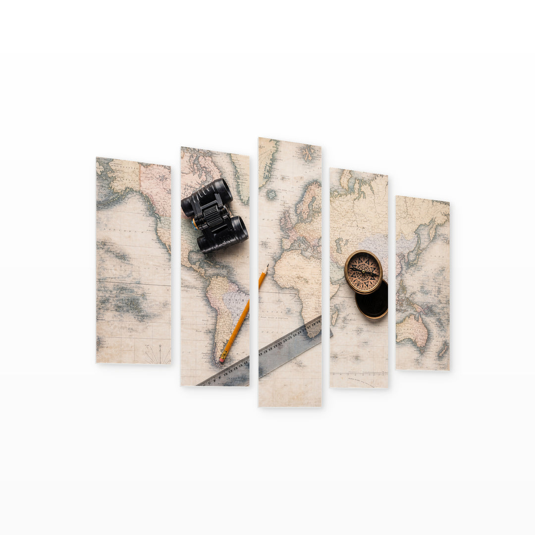 Binoculars with Compass in Serene Light — five-panel wall art on white background in perspective | 5wallart 54611 M1