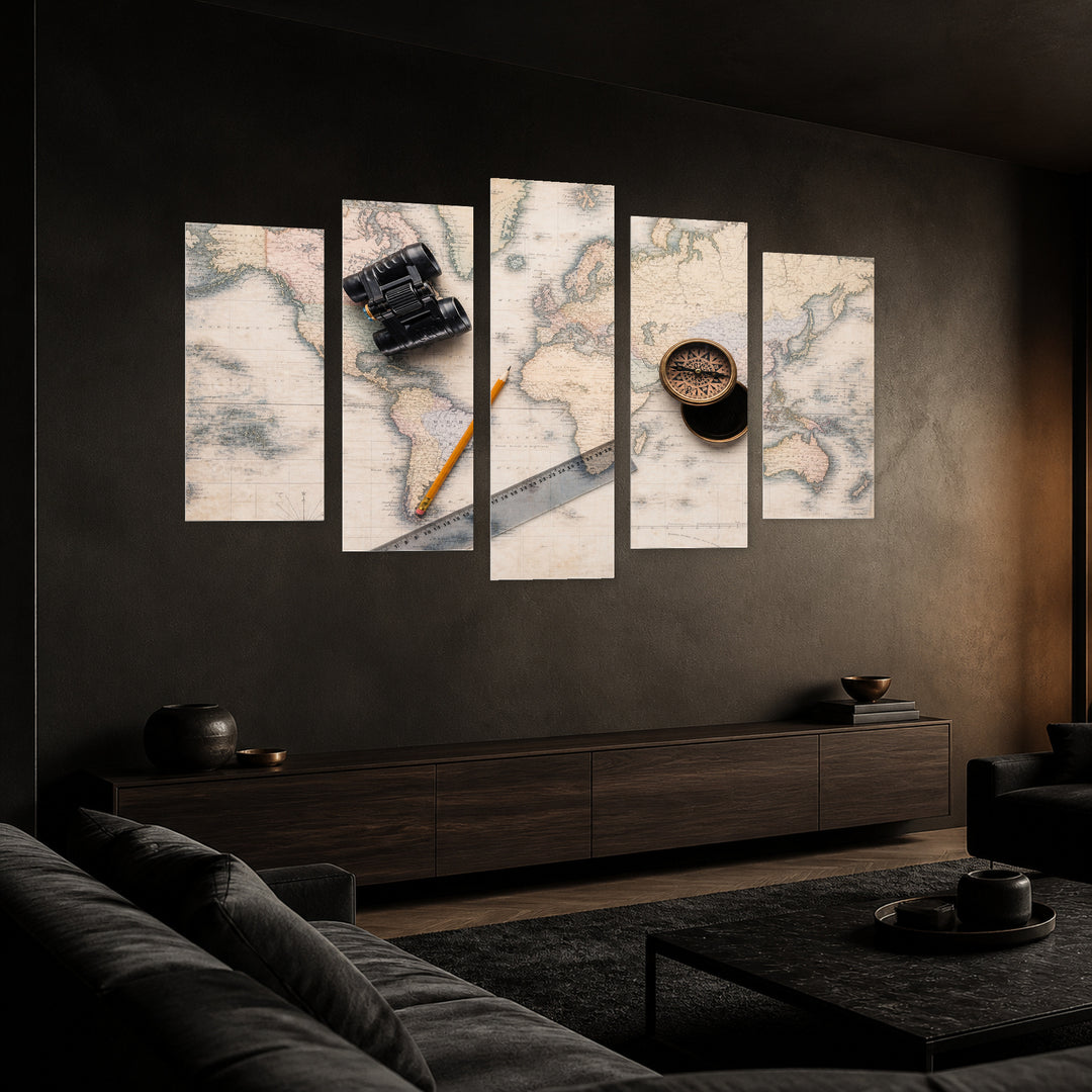 Binoculars with Compass in Serene Light — five-panel wall art in perspective interior | 5wallart 54611 M2