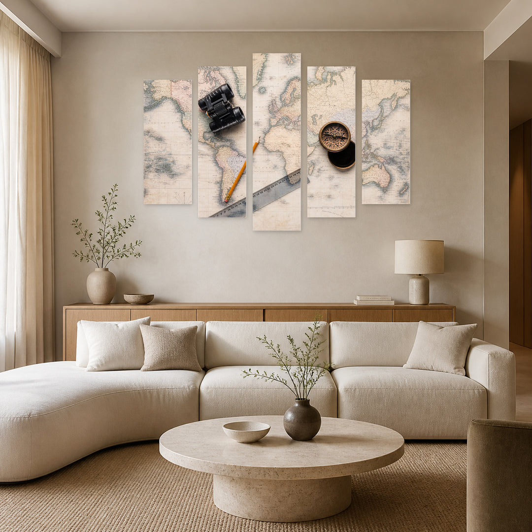 Binoculars with Compass in Serene Light — five-panel wall art in frontal interior | 5wallart 54611 M3