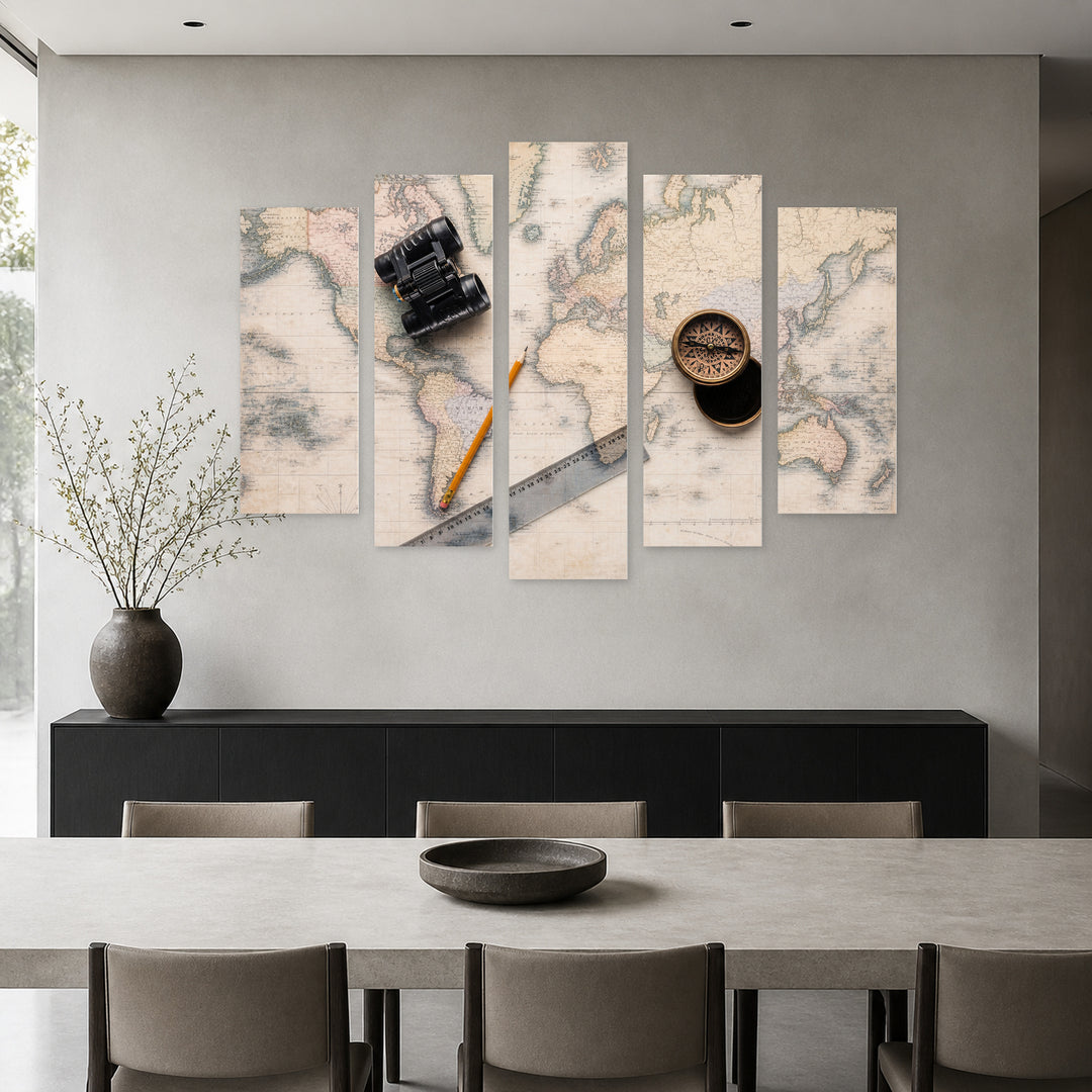 Binoculars with Compass in Serene Light — five-panel wall art in alternate frontal interior | 5wallart 54611 M4