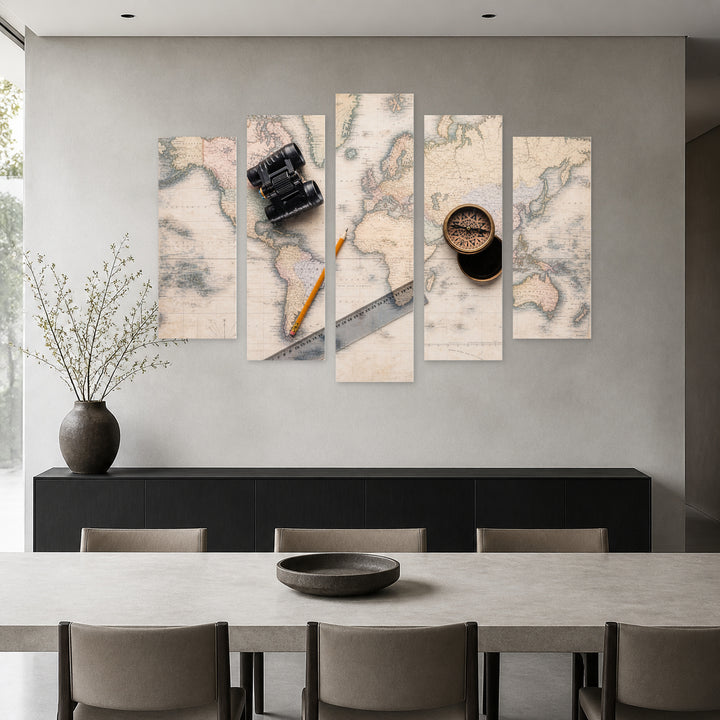 Binoculars with Compass in Serene Light — five-panel wall art in alternate frontal interior | 5wallart 54611 M4