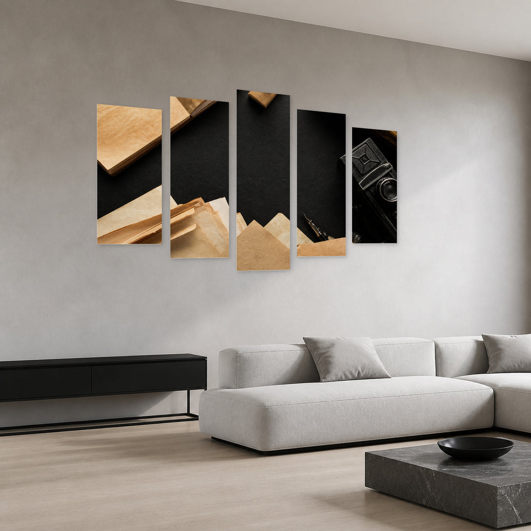 Retro Camera on Black Background with Geometric Rhythm — five-panel wall art in perspective interior | 5wallart 54612 M2