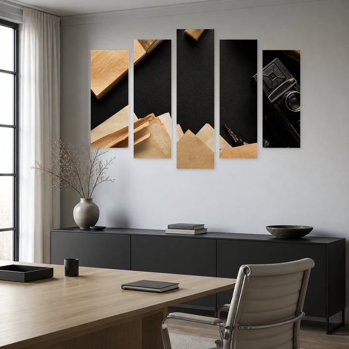 Retro Camera on Black Background with Geometric Rhythm — five-panel wall art in frontal interior | 5wallart 54612 M3