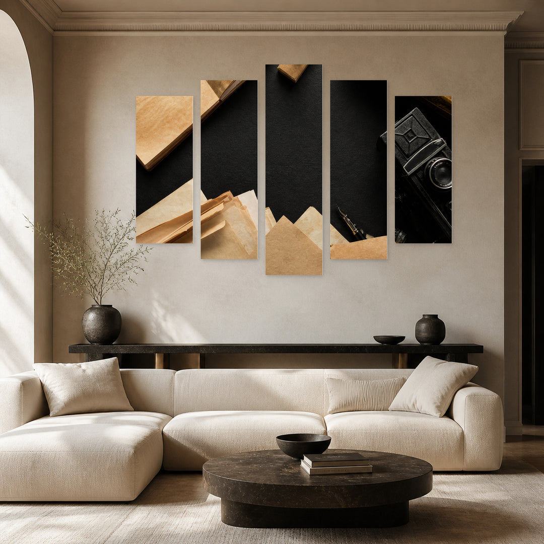 Retro Camera on Black Background with Geometric Rhythm — five-panel wall art in alternate frontal interior | 5wallart 54612 M4