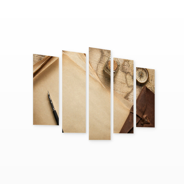 Retro Compass and Leather Notebook Vintage Study — five-panel wall art on white background in perspective | 5wallart 54613 M1