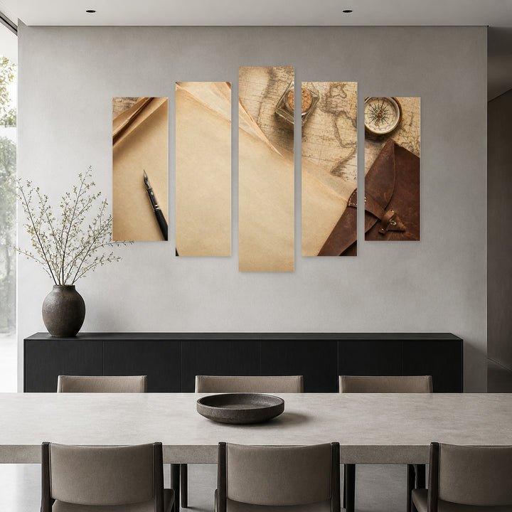 Retro Compass and Leather Notebook Vintage Study — five-panel wall art in alternate frontal interior | 5wallart 54613 M4