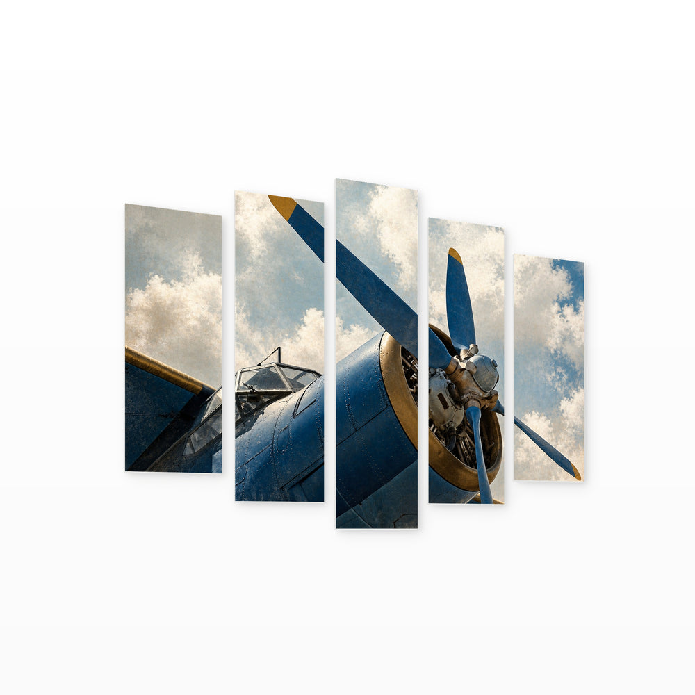 Retro Airplane in Blue and Gold — five-panel wall art on white background in perspective | 5wallart 54614 M1