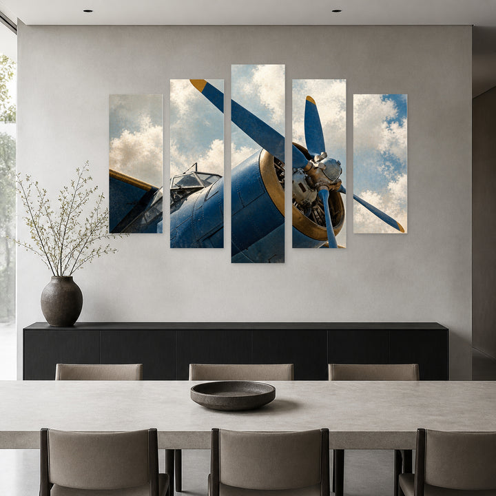 Retro Airplane in Blue and Gold — five-panel wall art in frontal interior | 5wallart 54614 M3
