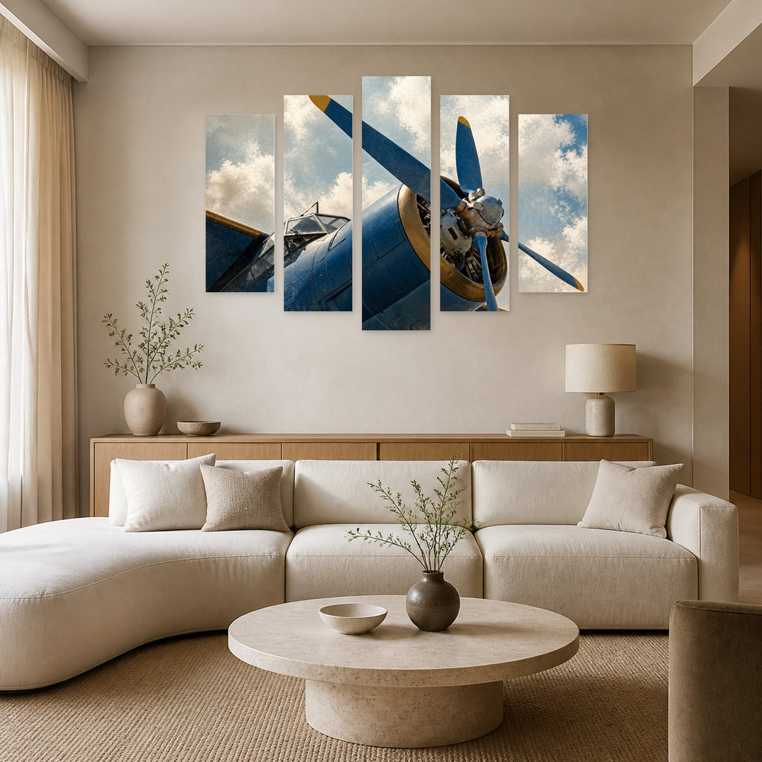 Retro Airplane in Blue and Gold — five-panel wall art in alternate frontal interior | 5wallart 54614 M4
