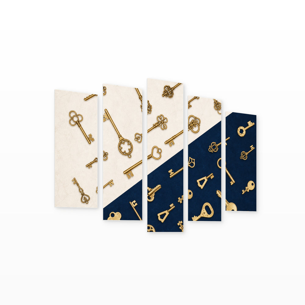 Retro Keys in Blue and Gold — five-panel wall art on white background in perspective | 5wallart 54615 M1