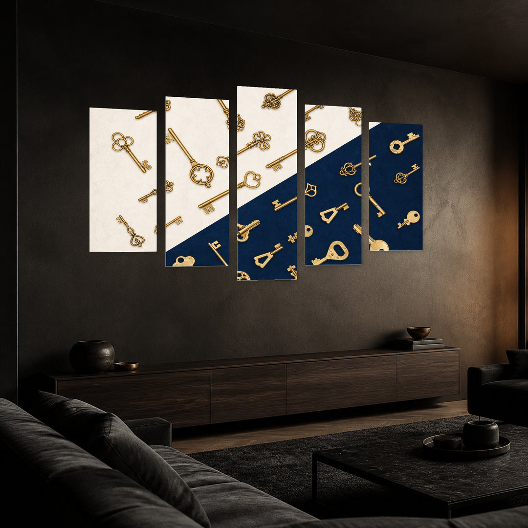 Retro Keys in Blue and Gold — five-panel wall art in perspective interior | 5wallart 54615 M2