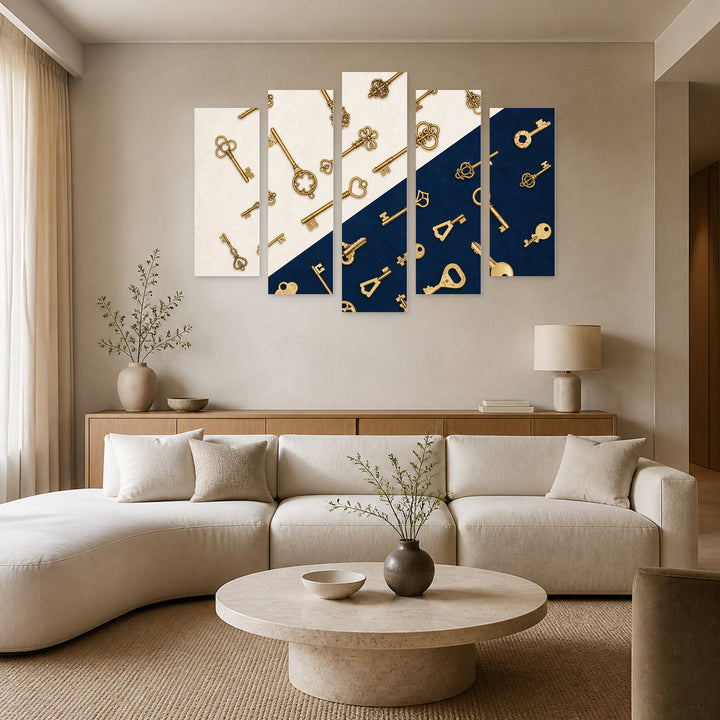 Retro Keys in Blue and Gold — five-panel wall art in frontal interior | 5wallart 54615 M3