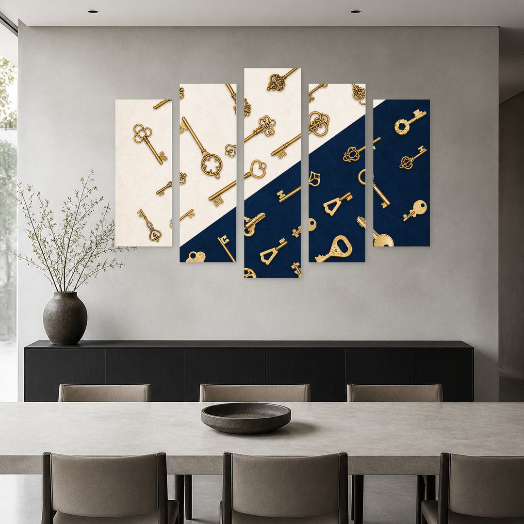 Retro Keys in Blue and Gold — five-panel wall art in alternate frontal interior | 5wallart 54615 M4