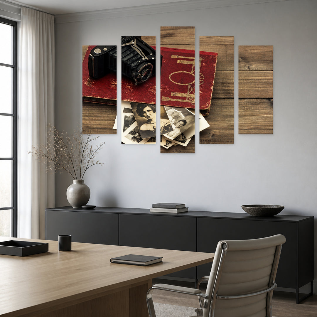 Camera and Album with Old Photos Vintage Study — five-panel wall art in frontal interior | 5wallart 54616 M3