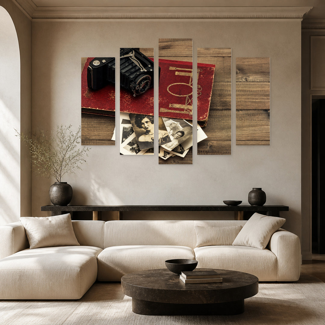 Camera and Album with Old Photos Vintage Study — five-panel wall art in alternate frontal interior | 5wallart 54616 M4