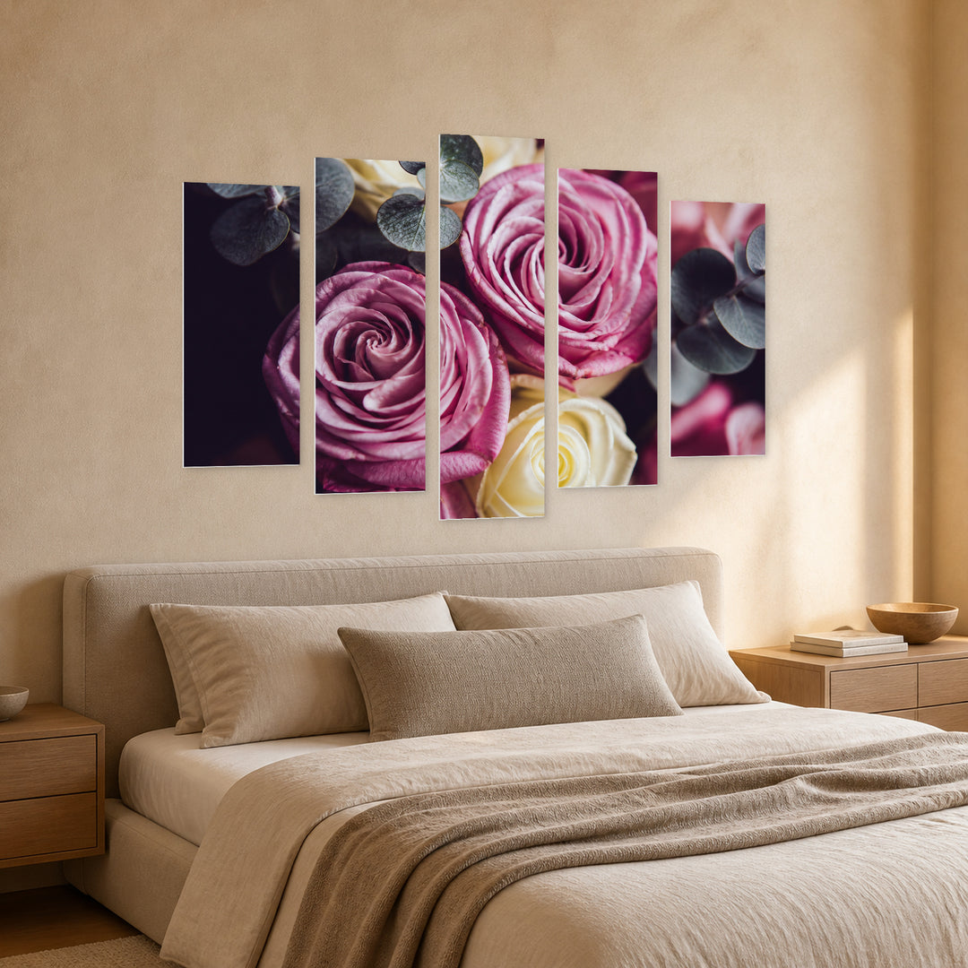 Bouquet of Roses with Geometric Rhythm — five-panel wall art in perspective interior | 5wallart 54617 M2