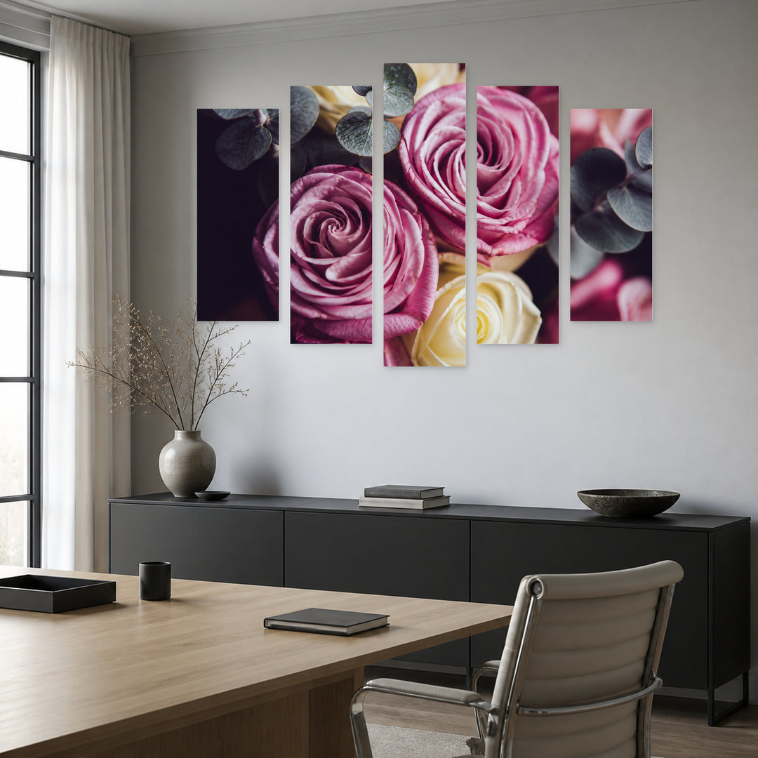 Bouquet of Roses with Geometric Rhythm — five-panel wall art in alternate frontal interior | 5wallart 54617 M4