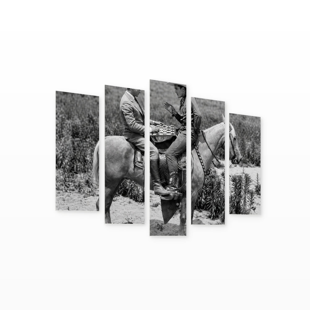 Cowboy and Businessman with Dramatic Contrast — five-panel wall art on white background in perspective | 5wallart 54619 M1