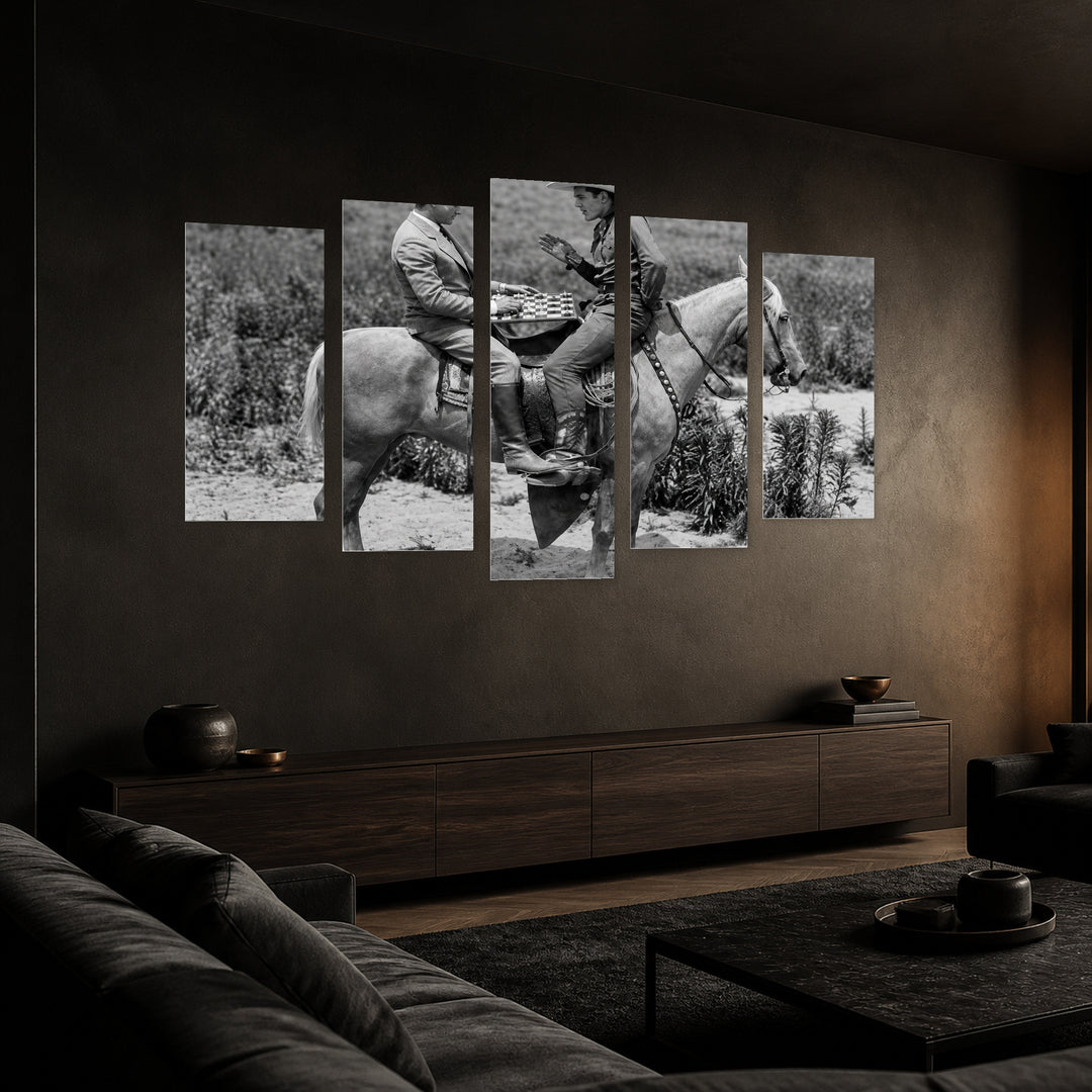 Cowboy and Businessman with Dramatic Contrast — five-panel wall art in perspective interior | 5wallart 54619 M2
