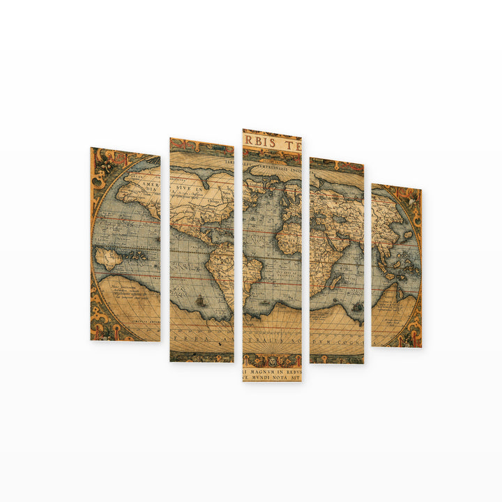 Antique World Map in Serene Light — five-panel wall art on white background in perspective | 5wallart 54620 M1