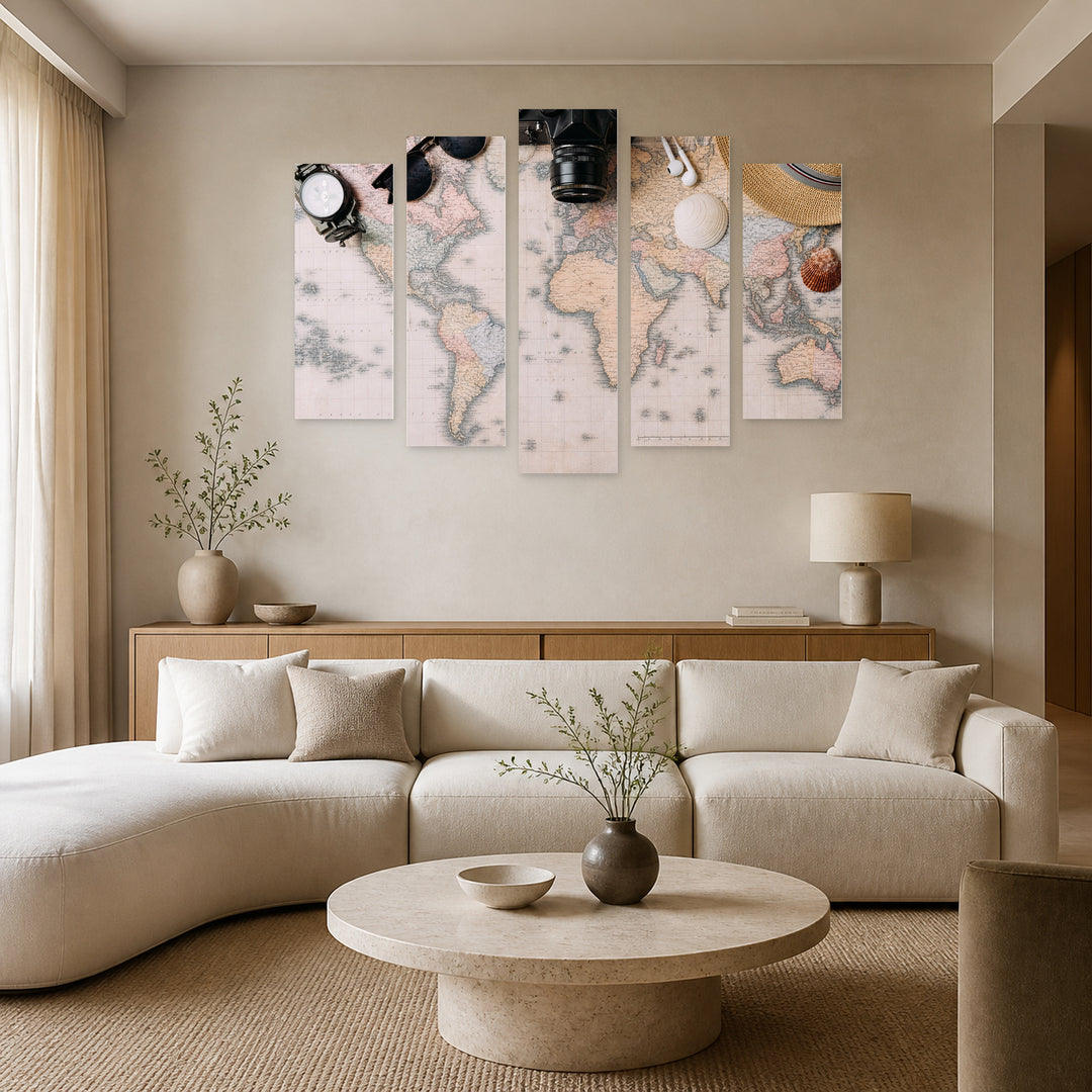 Vintage Map of Continents Vintage Study — five-panel wall art in frontal interior | 5wallart 54621 M3