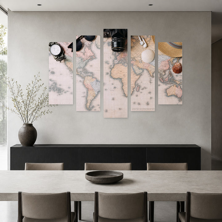 Vintage Map of Continents Vintage Study — five-panel wall art in alternate frontal interior | 5wallart 54621 M4