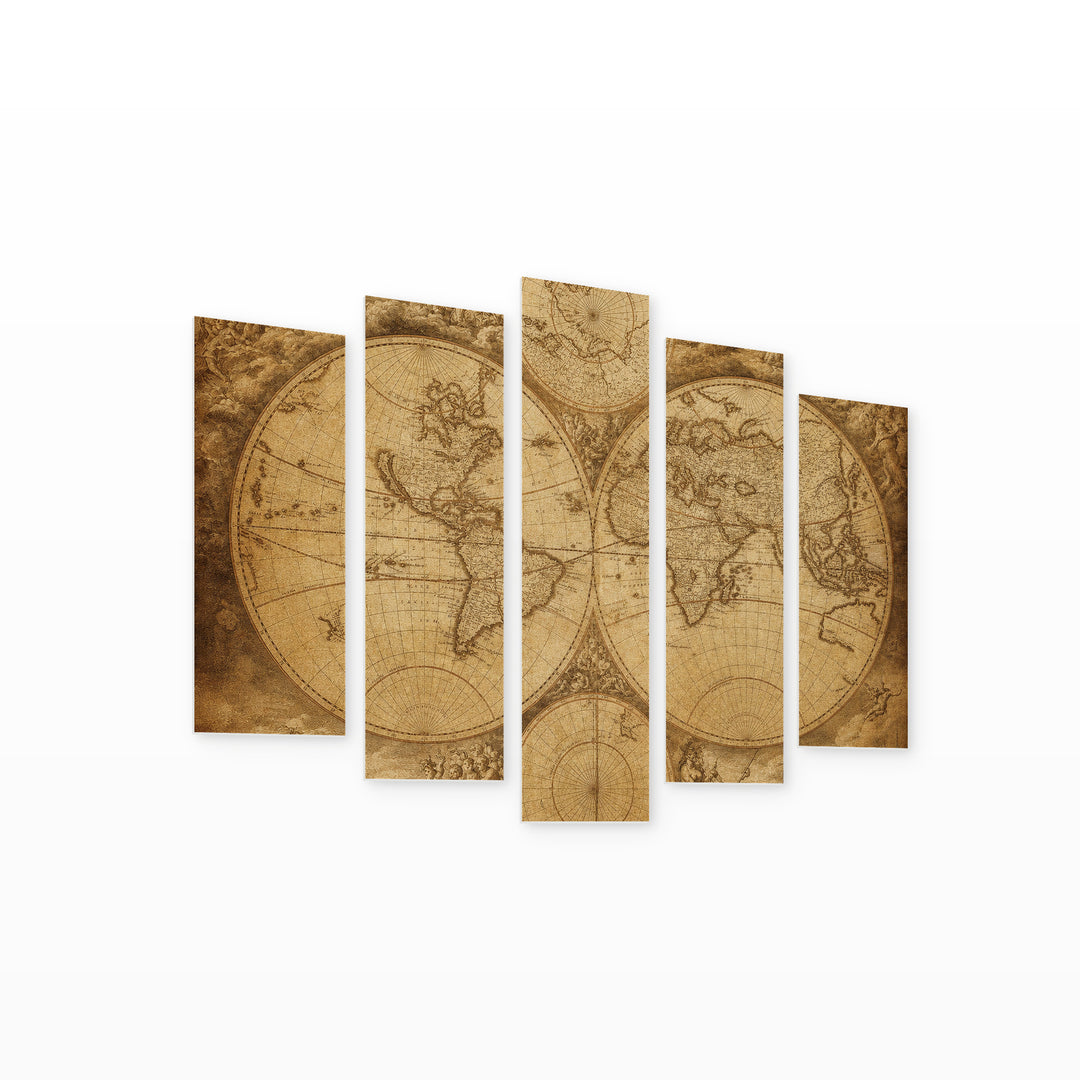 Retro World Map in Serene Light — five-panel wall art on white background in perspective | 5wallart 54622 M1