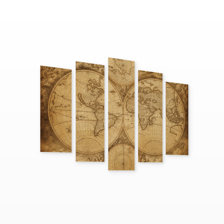 Retro World Map in Serene Light — five-panel wall art on white background in perspective | 5wallart 54622 M1