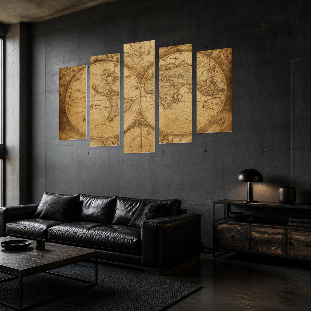 Retro World Map in Serene Light — five-panel wall art in perspective interior | 5wallart 54622 M2