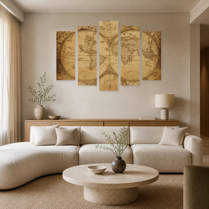 Retro World Map in Serene Light — five-panel wall art in alternate frontal interior | 5wallart 54622 M4