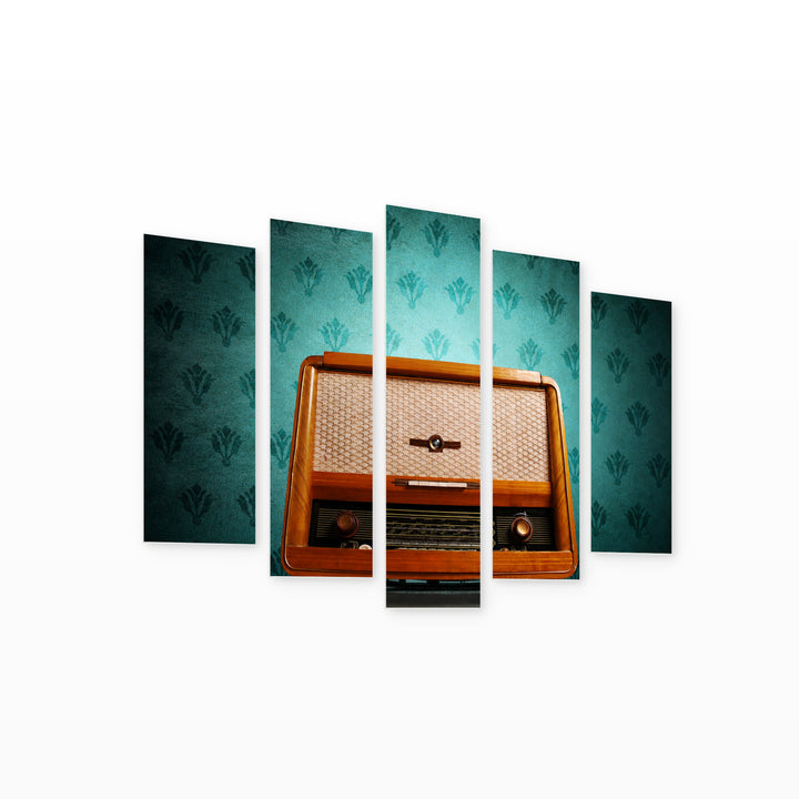 Retro Radio with Geometric Rhythm — five-panel wall art on white background in perspective | 5wallart 54623 M1