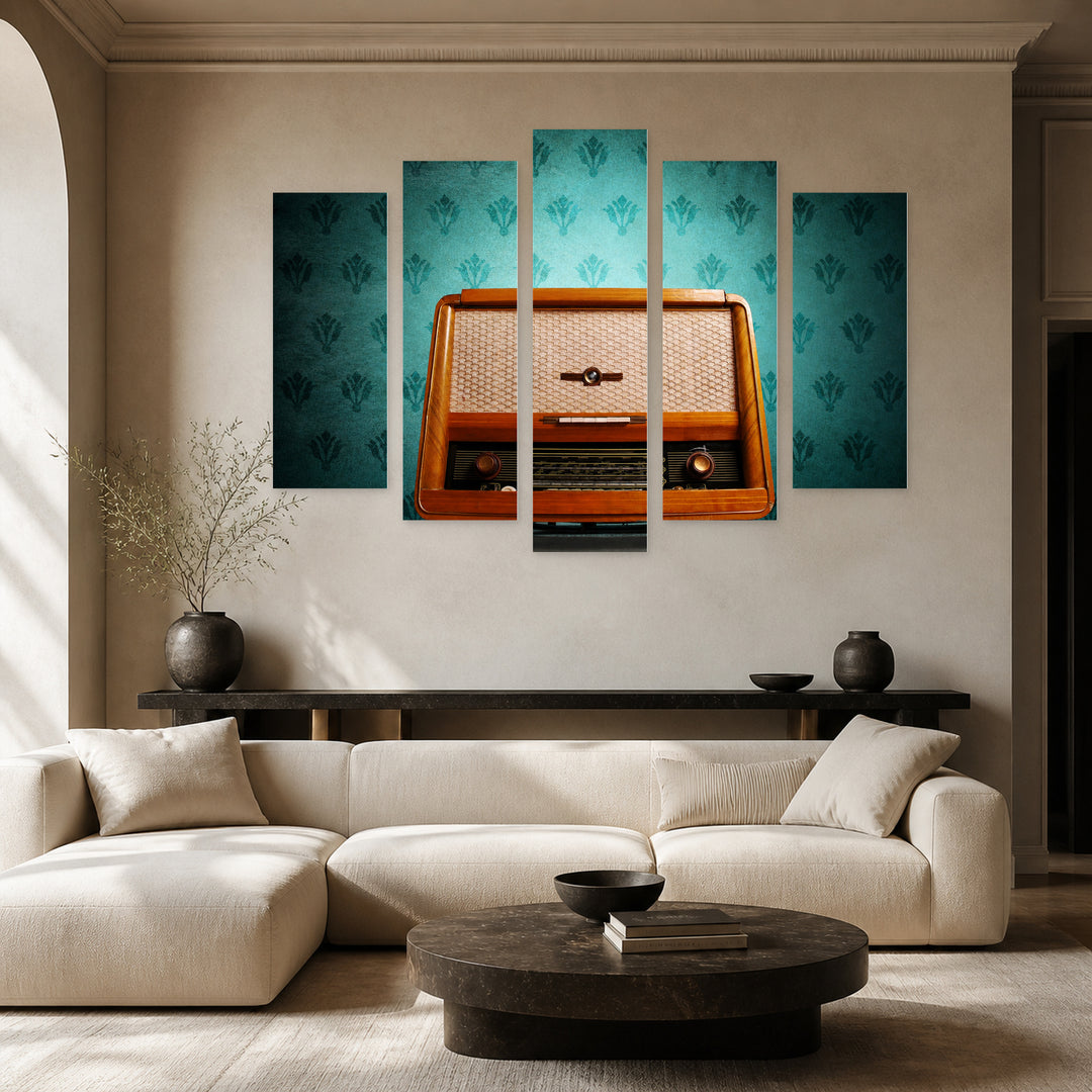 Retro Radio with Geometric Rhythm — five-panel wall art in frontal interior | 5wallart 54623 M3
