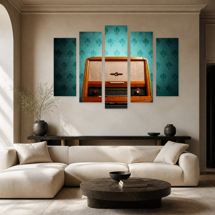 Retro Radio with Geometric Rhythm — five-panel wall art in frontal interior | 5wallart 54623 M3