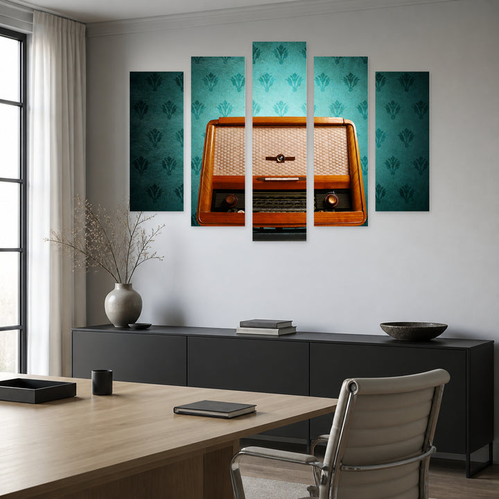 Retro Radio with Geometric Rhythm — five-panel wall art in alternate frontal interior | 5wallart 54623 M4