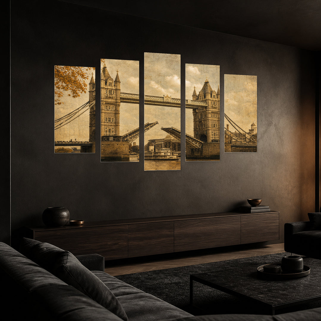Vintage Bridge in Autumn — five-panel wall art in perspective interior | 5wallart 54625 M2