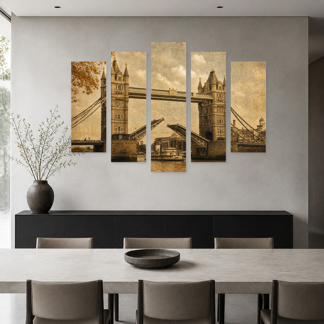 Vintage Bridge in Autumn — five-panel wall art in alternate frontal interior | 5wallart 54625 M4