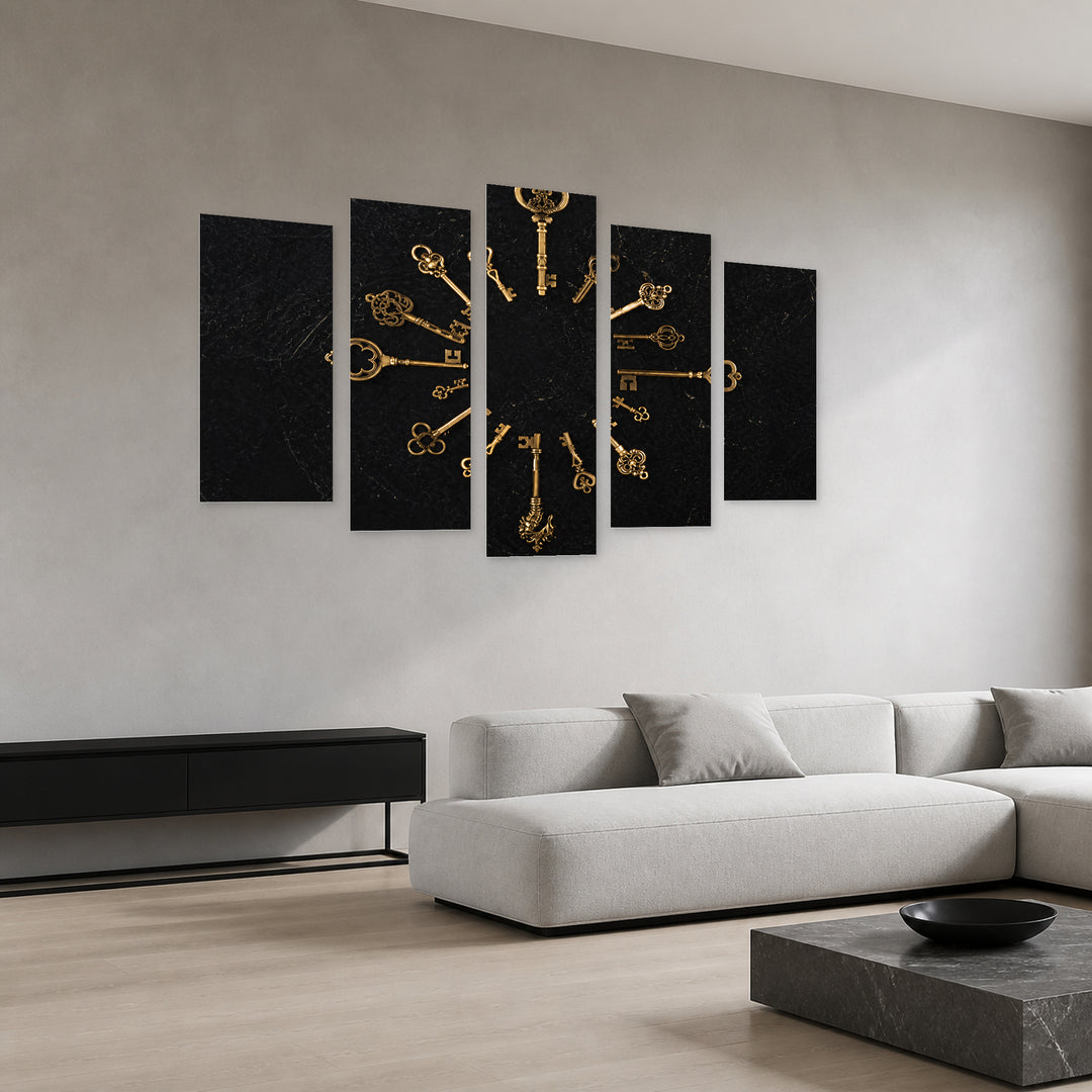 Retro Keys with Geometric Rhythm — five-panel wall art in perspective interior | 5wallart 54626 M2