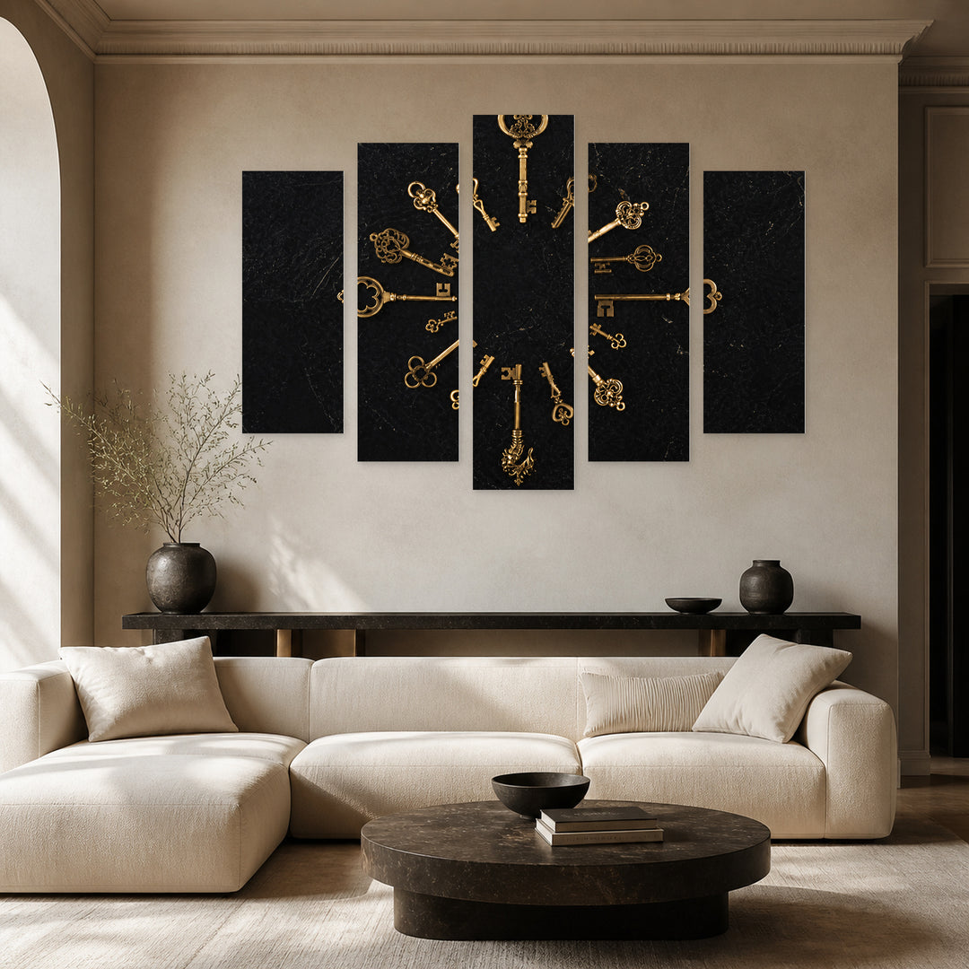 Retro Keys with Geometric Rhythm — five-panel wall art in alternate frontal interior | 5wallart 54626 M4