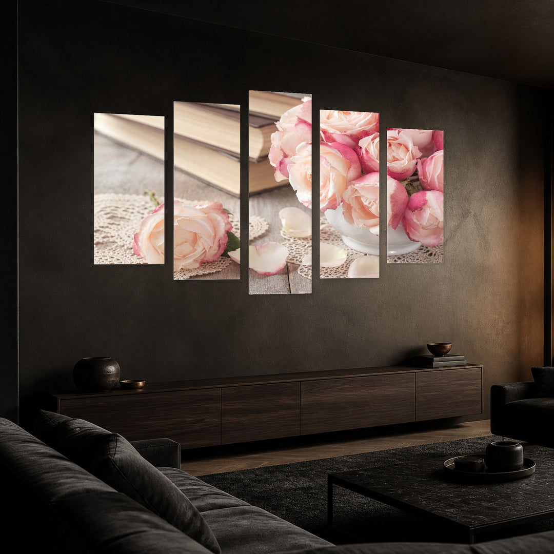 Pink Roses in Serene Light — five-panel wall art in perspective interior | 5wallart 54627 M2