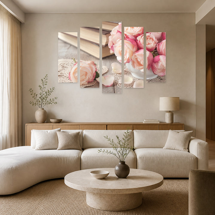 Pink Roses in Serene Light — five-panel wall art in frontal interior | 5wallart 54627 M3