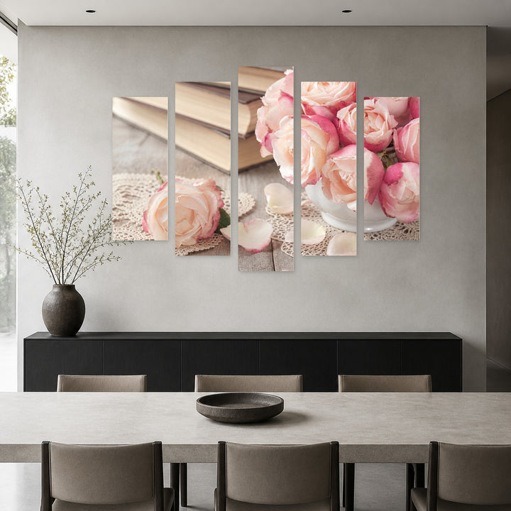 Pink Roses in Serene Light — five-panel wall art in alternate frontal interior | 5wallart 54627 M4