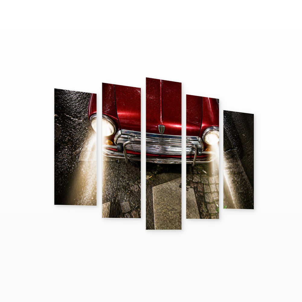 Red Retro Car with Dramatic Contrast — five-panel wall art on white background in perspective | 5wallart 54628 M1